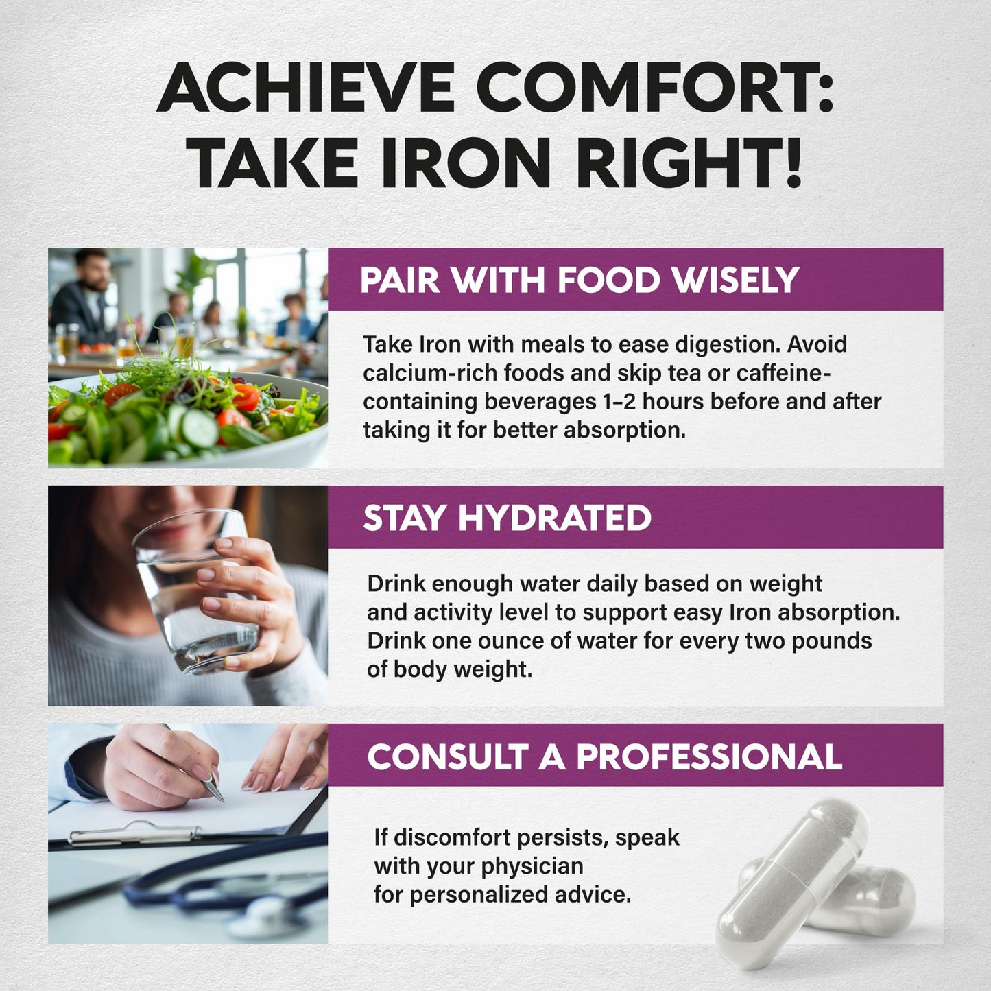 Iron Supplement for Women - Iron 65mg (Ferrous Sulfate 325mg) - Stomach Friendly | Slow Release Iron | High Absorption - Vitamins C, D3, B6, B12 & Folate - Maple Wellness Supplements
