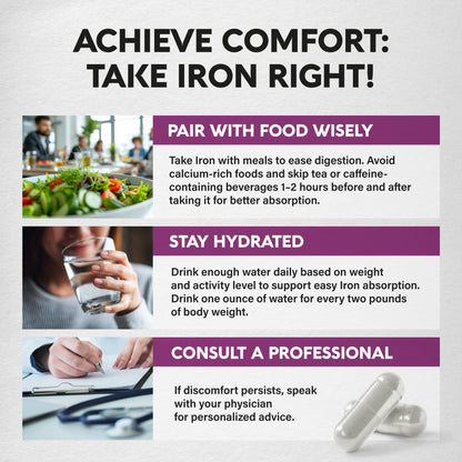 Iron Supplement for Women - Iron 65mg (Ferrous Sulfate 325mg) - Stomach Friendly | Slow Release Iron | High Absorption - Vitamins C, D3, B6, B12 & Folate - Maple Wellness Supplements