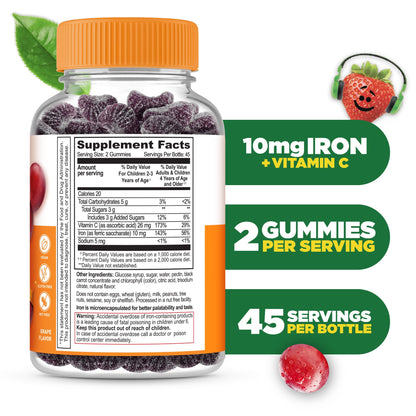 Iron Supplements for Kids | 10mg | with Vitamin C | Great Tasting Iron Gummies for Kids | Vegan Non GMO Kids Iron | for Immune Health - Maple Wellness Supplements