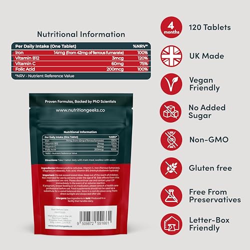 Iron Tablets High Strength Tablets with Vitamin C, B12 & Folic Acid - 120 Vegan Supplement - Maple Wellness Supplements