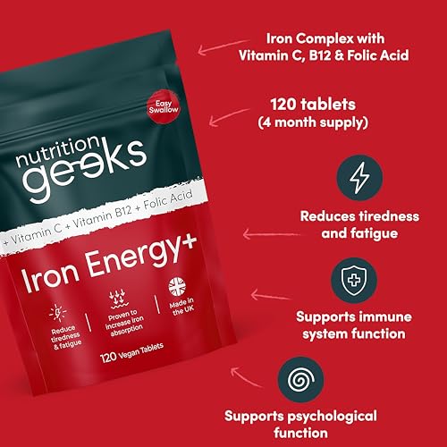 Iron Tablets High Strength Tablets with Vitamin C, B12 & Folic Acid - 120 Vegan Supplement - Maple Wellness Supplements