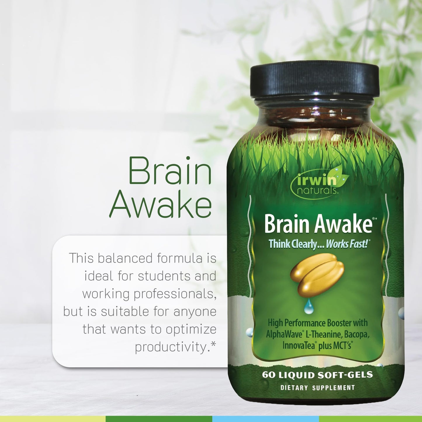 Irwin Naturals Brain Awake Enhanced Mental Performance, Increased Focus, Boost Clarity & Concentration - Powerful Nootropic Booster with L-Theanine, Bacopa, MCT's & InnovaTea - 60 Liquid Softgels - Maple Wellness Supplements