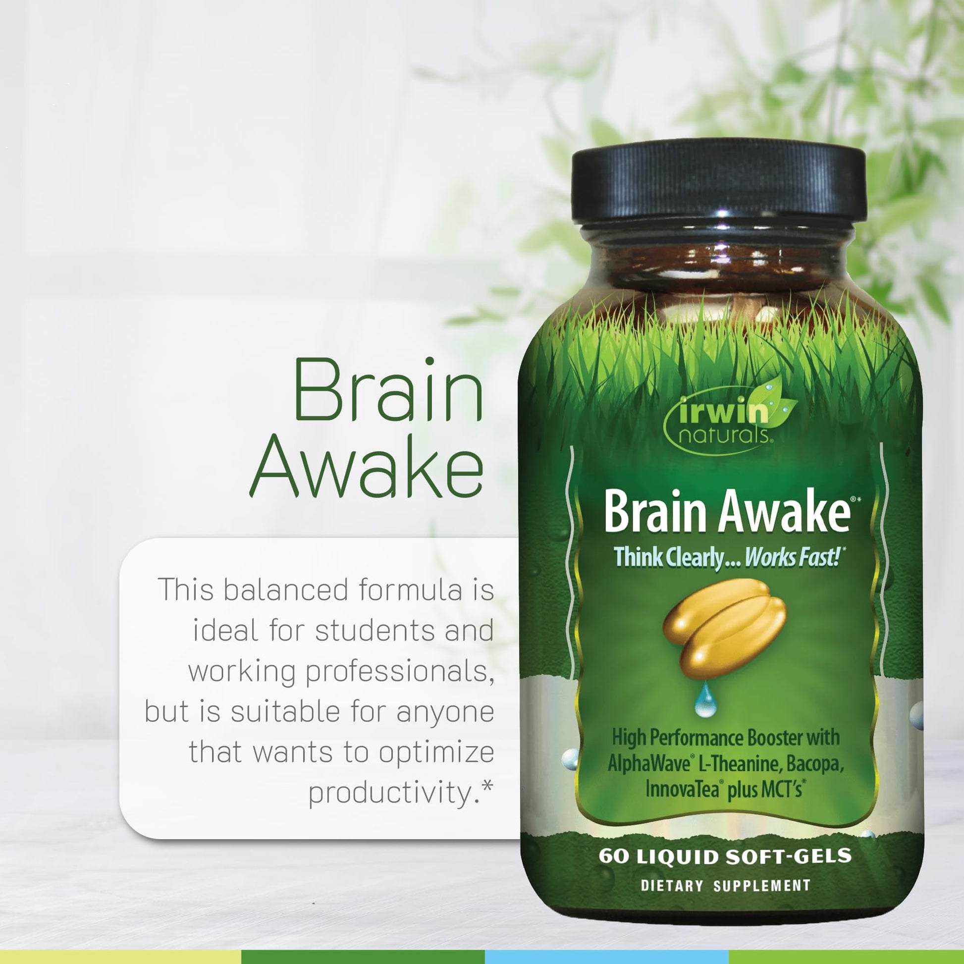 Irwin Naturals Brain Awake Enhanced Mental Performance, Increased Focus, Boost Clarity & Concentration - Powerful Nootropic Booster with L-Theanine, Bacopa, MCT's & InnovaTea - 60 Liquid Softgels - Maple Wellness Supplements