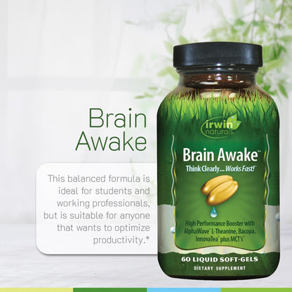 Irwin Naturals Brain Awake Enhanced Mental Performance, Increased Focus, Boost Clarity & Concentration - Powerful Nootropic Booster with L-Theanine, Bacopa, MCT's & InnovaTea - 60 Liquid Softgels - Maple Wellness Supplements