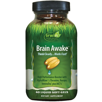 Irwin Naturals Brain Awake Enhanced Mental Performance, Increased Focus, Boost Clarity & Concentration - Powerful Nootropic Booster with L-Theanine, Bacopa, MCT's & InnovaTea - 60 Liquid Softgels - Maple Wellness Supplements