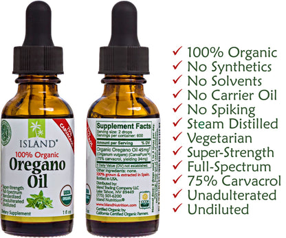 Island Nutrition, Oregano Oil Organic Liquid Drops - 100% Pure & Undiluted - USDA-Certified Organic (1 oz) 75% Carvacrol - Maple Wellness Supplements