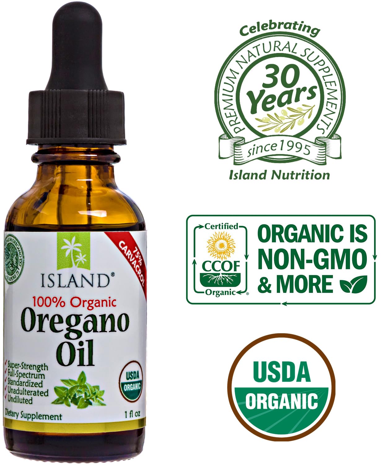 Island Nutrition, Oregano Oil Organic Liquid Drops - 100% Pure & Undiluted - USDA-Certified Organic (1 oz) 75% Carvacrol - Maple Wellness Supplements