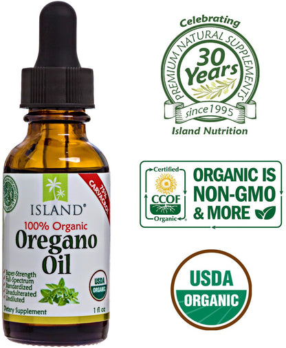 Island Nutrition, Oregano Oil Organic Liquid Drops - 100% Pure & Undiluted - USDA-Certified Organic (1 oz) 75% Carvacrol - Maple Wellness Supplements