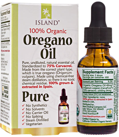 Island Nutrition, Oregano Oil Organic Liquid Drops - 100% Pure & Undiluted - USDA-Certified Organic (1 oz) 75% Carvacrol - Maple Wellness Supplements