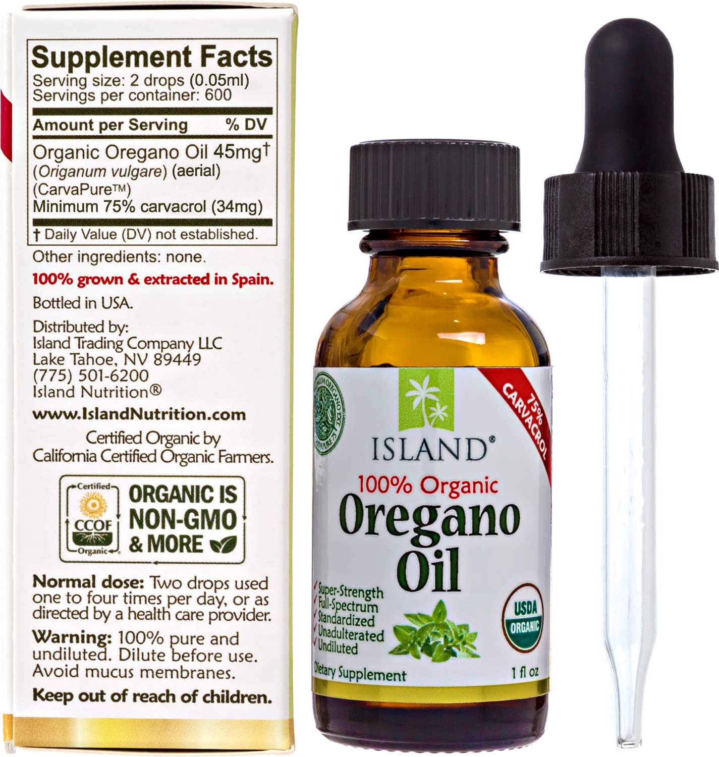 Island Nutrition, Oregano Oil Organic Liquid Drops - 100% Pure & Undiluted - USDA-Certified Organic (1 oz) 75% Carvacrol - Maple Wellness Supplements