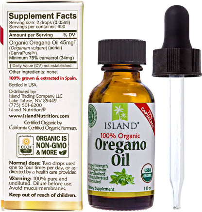 Island Nutrition, Oregano Oil Organic Liquid Drops - 100% Pure & Undiluted - USDA-Certified Organic (1 oz) 75% Carvacrol - Maple Wellness Supplements