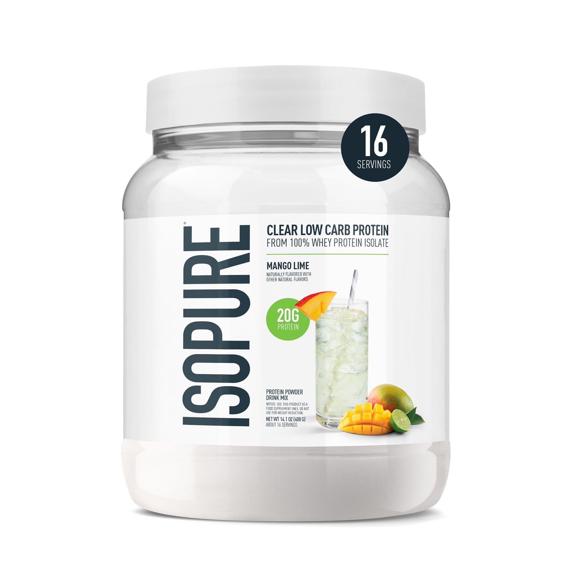 Isopure Clear Whey Isolate Protein Powder, Lactose Free, Gluten Free, Naturally Flavored, Mango Lime, 20g Protein Per Serving, 14.1 Oz, 16 Servings (Packaging May Vary) - Maple Wellness Supplements