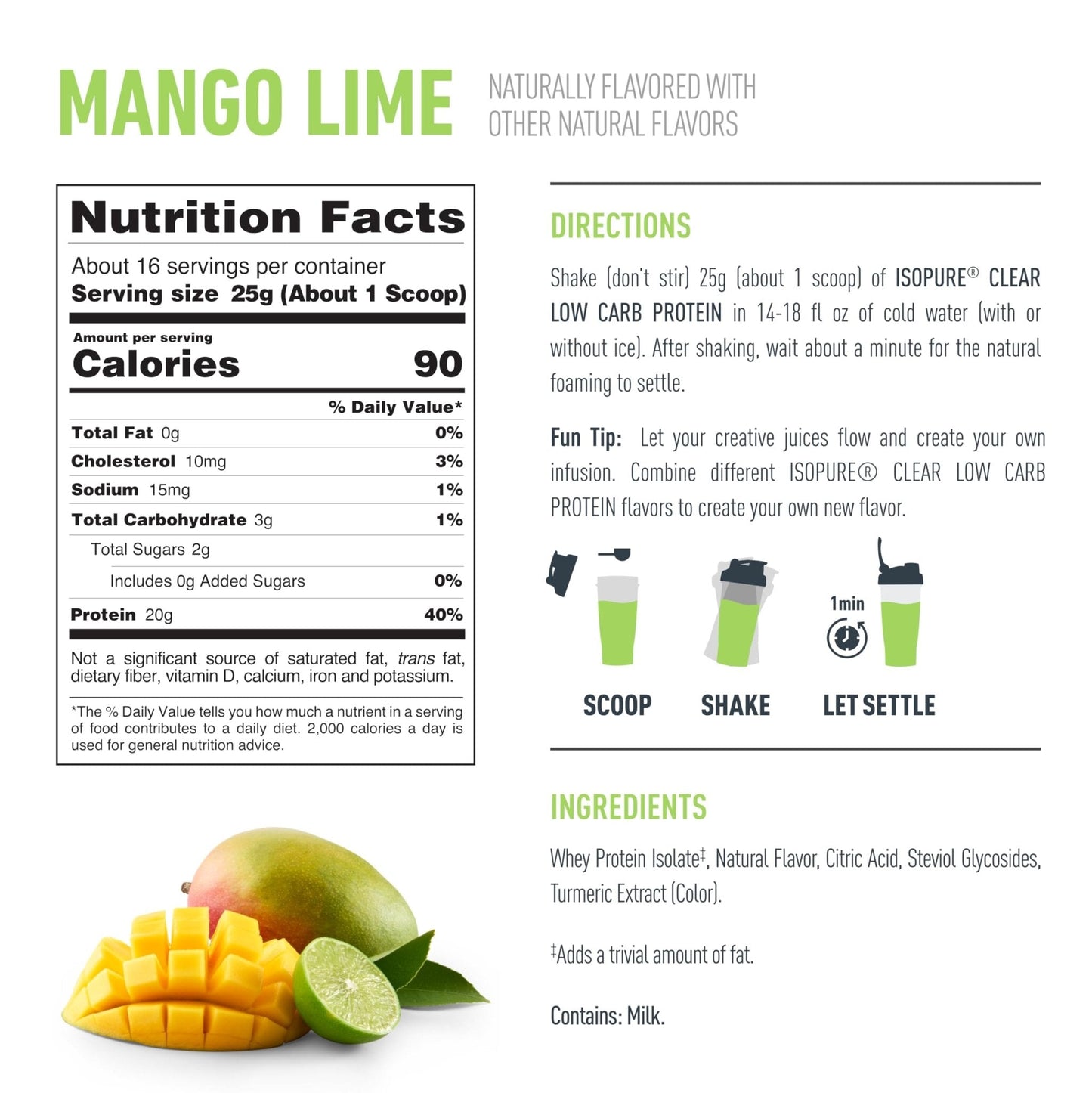 Isopure Clear Whey Isolate Protein Powder, Lactose Free, Gluten Free, Naturally Flavored, Mango Lime, 20g Protein Per Serving, 14.1 Oz, 16 Servings (Packaging May Vary) - Maple Wellness Supplements