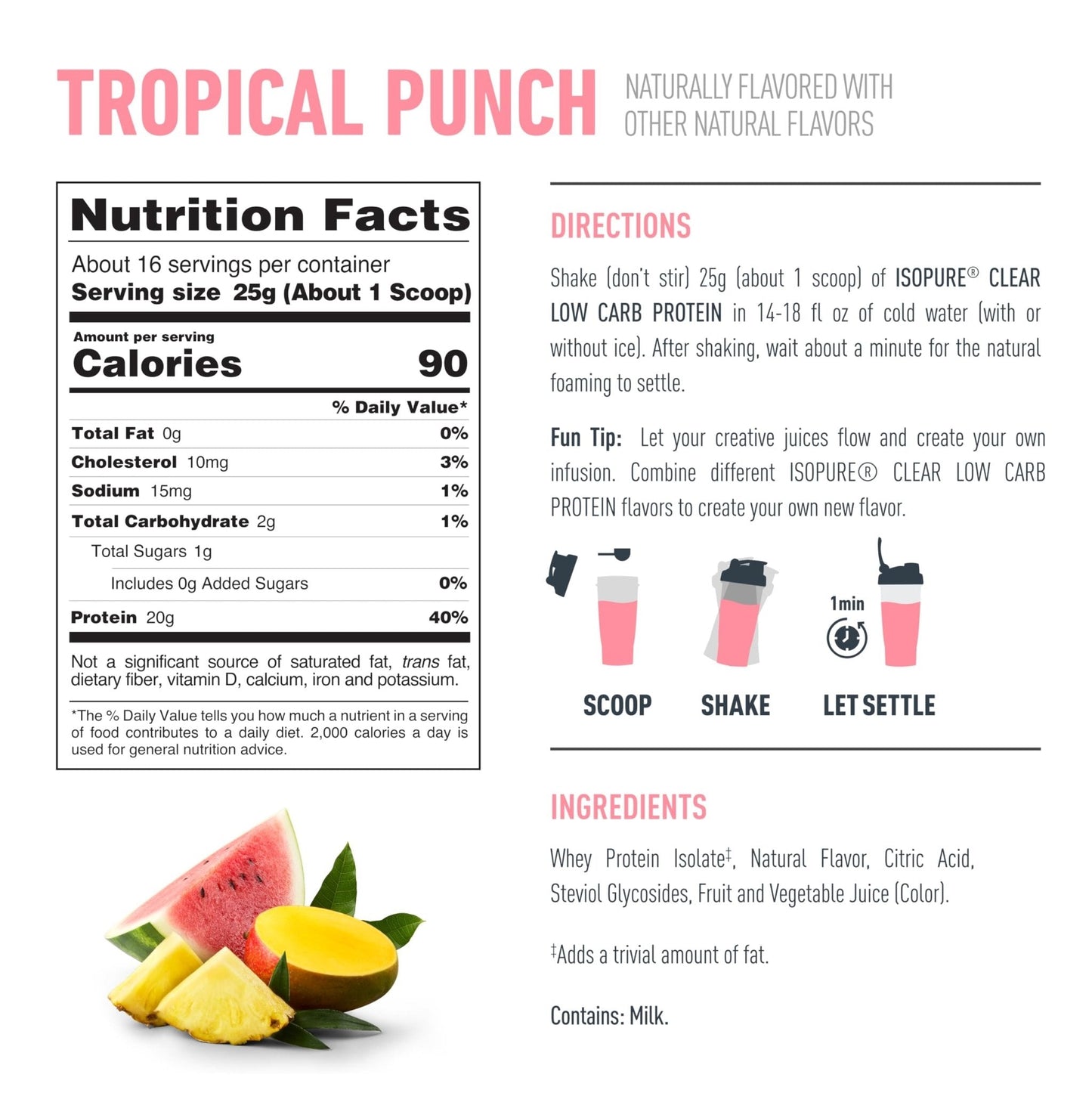 Isopure Clear Whey Isolate Protein Powder, Lactose Free, Gluten Free, Naturally Flavored, Tropical Punch, 20g Protein Per Serving, 14.1 Oz, 16 Servings (Packaging May Vary) - Maple Wellness Supplements