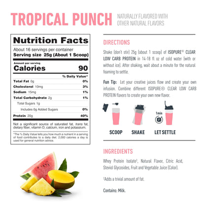 Isopure Clear Whey Isolate Protein Powder, Lactose Free, Gluten Free, Naturally Flavored, Tropical Punch, 20g Protein Per Serving, 14.1 Oz, 16 Servings (Packaging May Vary) - Maple Wellness Supplements
