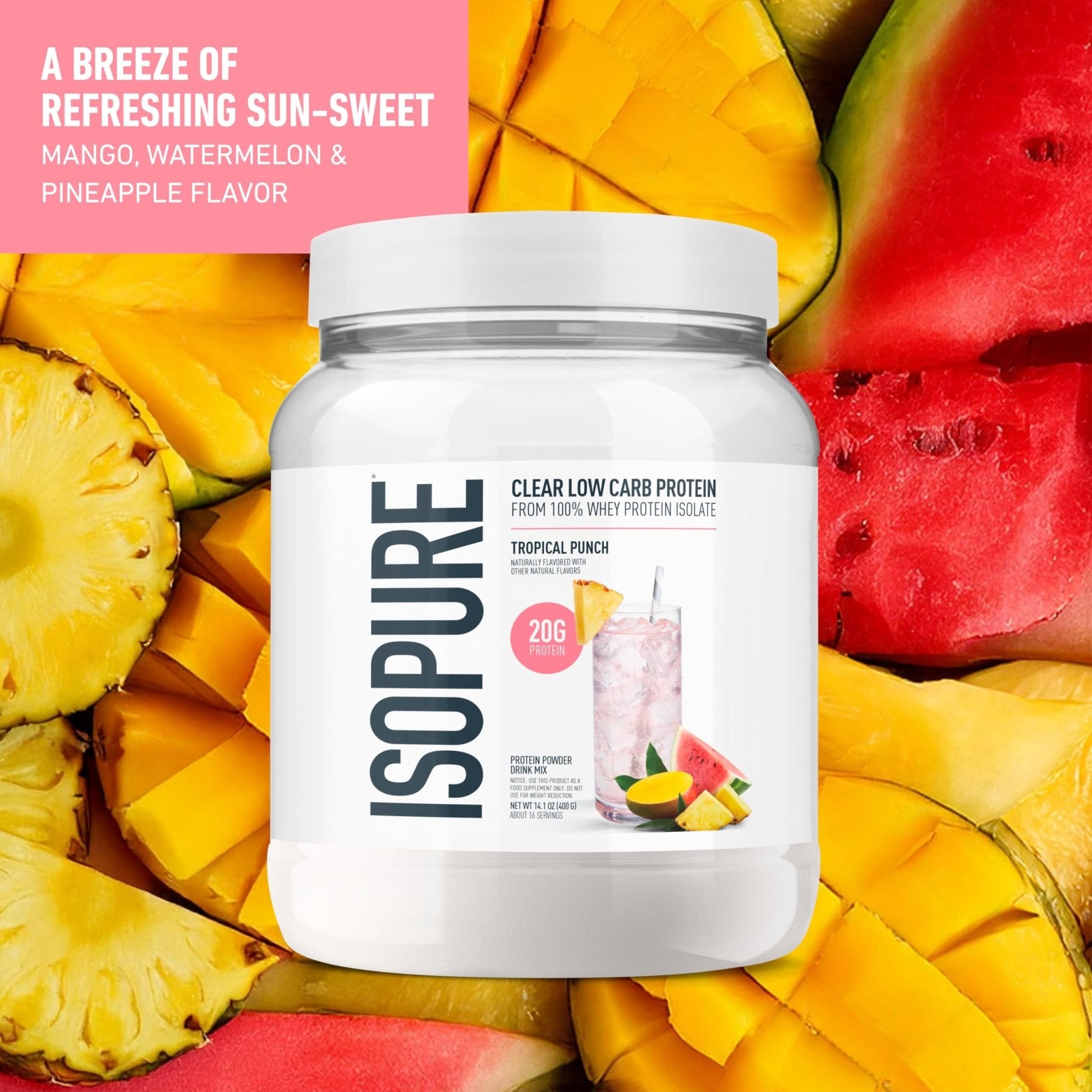 Isopure Clear Whey Isolate Protein Powder, Lactose Free, Gluten Free, Naturally Flavored, Tropical Punch, 20g Protein Per Serving, 14.1 Oz, 16 Servings (Packaging May Vary) - Maple Wellness Supplements