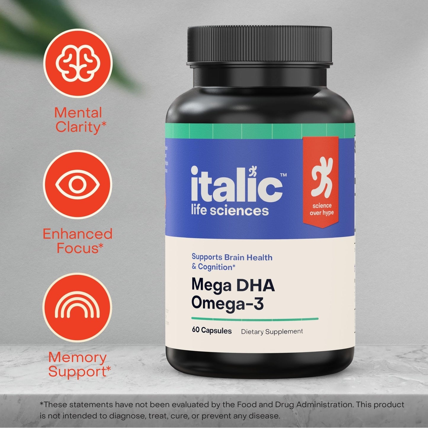 Italic LIfe Sciences Mega DHA Omega-3 1300mg – 800mg DHA, 500mg EPA – Brain Health Supplement for Memory, Focus & Mental Clarity – High Potency Fish Oil – Non-GMO, Third-Party Tested – 60 Capsules - Maple Wellness Supplements
