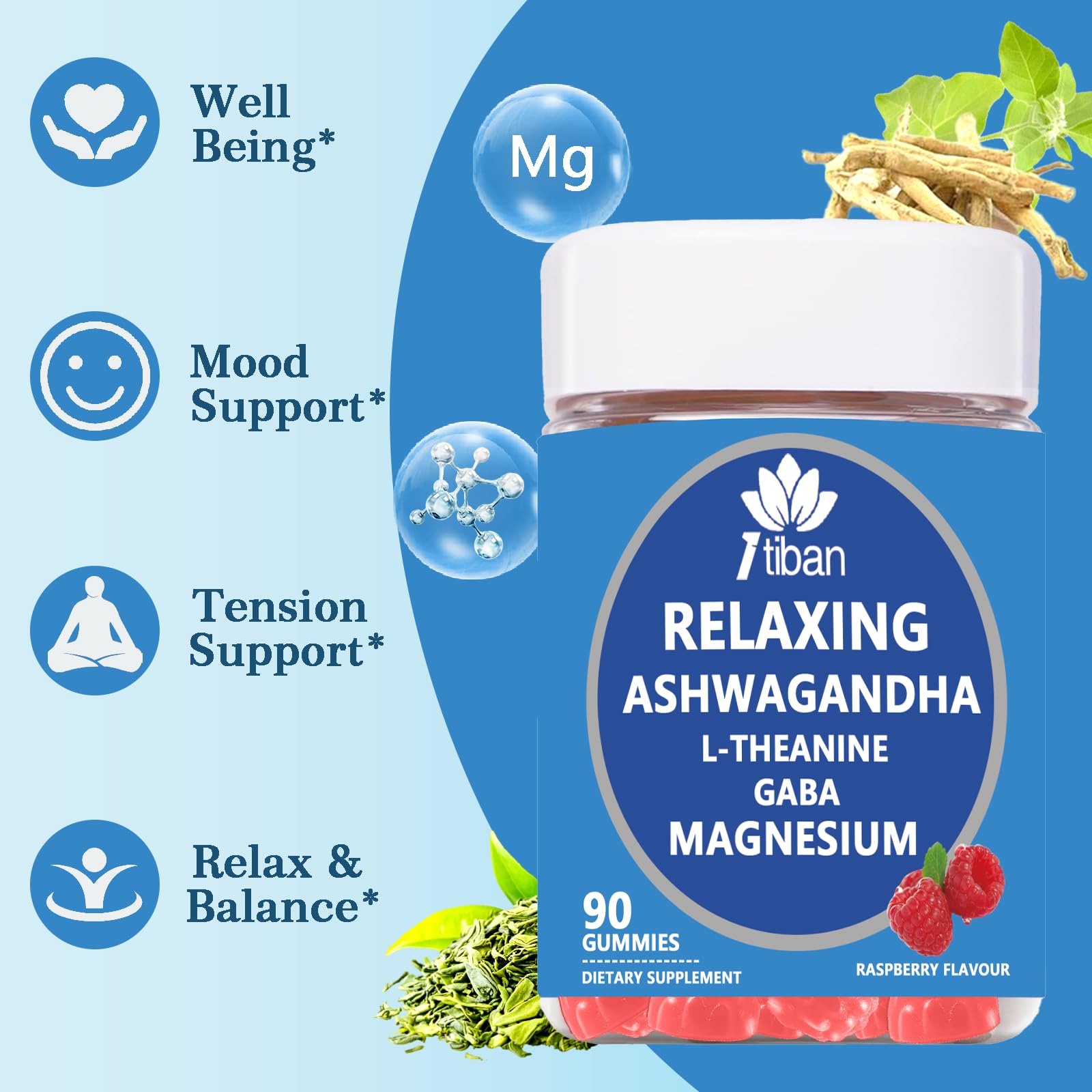 Itiban Cortisol Supplements for Women, Calm Magnesium Glycinate Gummies, Ashwagandha, L-Theanine, GABA, D3, B6, Mood Anxiety Sleep Relax, Raspberry Flavour, Vegan 90 Gummies - Maple Wellness Supplements