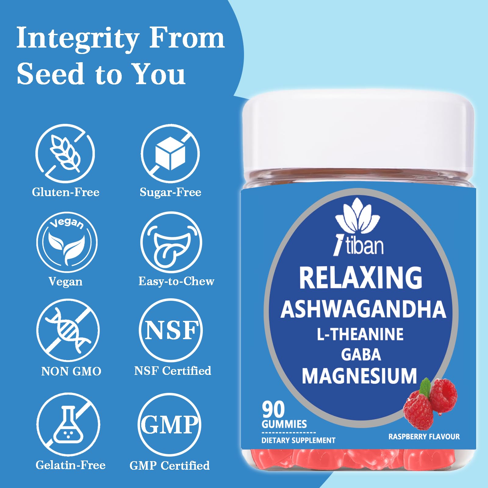 Itiban Cortisol Supplements for Women, Calm Magnesium Glycinate Gummies, Ashwagandha, L-Theanine, GABA, D3, B6, Mood Anxiety Sleep Relax, Raspberry Flavour, Vegan 90 Gummies - Maple Wellness Supplements