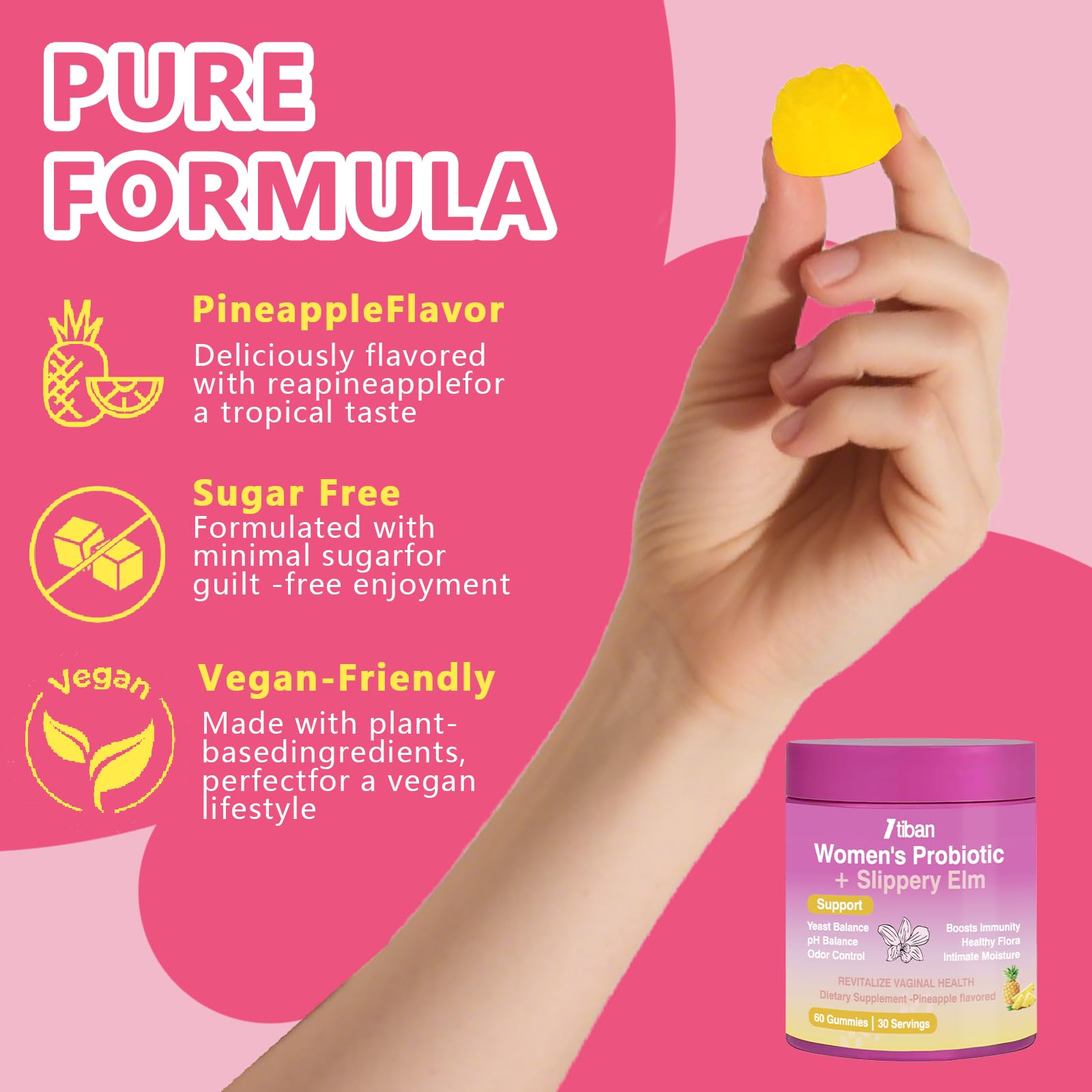 Itiban Feminine Vaginal Probiotics Gummies, Supports pH Balance & Digestive Health, Slippery Elm for Women, Suagr-Free - Maple Wellness Supplements