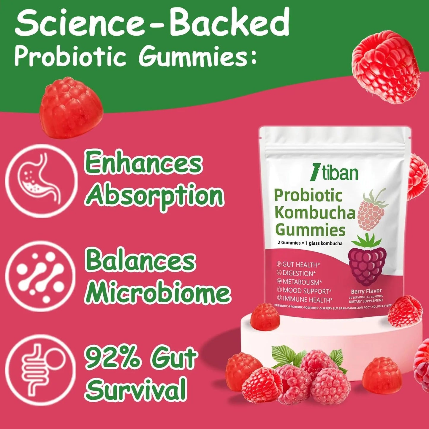 Itiban Probiotic Kombucha Gummy - Prebiotics, Probiotics, Postbiotics, Fiber Supplement, Slippery Elm for Bloating, Gut Health, Women and Men, 60ct - Maple Wellness Supplements