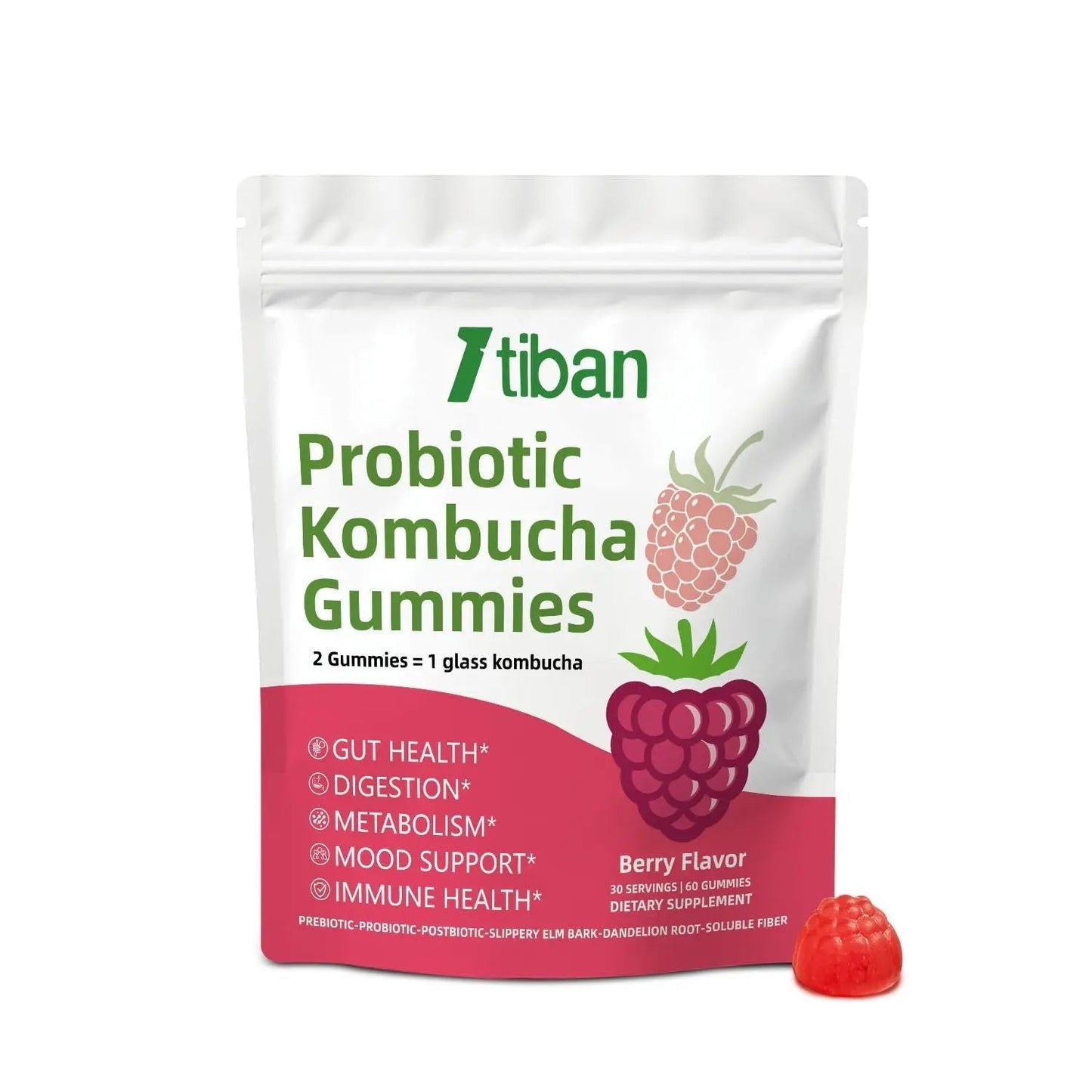 Itiban Probiotic Kombucha Gummy - Prebiotics, Probiotics, Postbiotics, Fiber Supplement, Slippery Elm for Bloating, Gut Health, Women and Men, 60ct - Maple Wellness Supplements