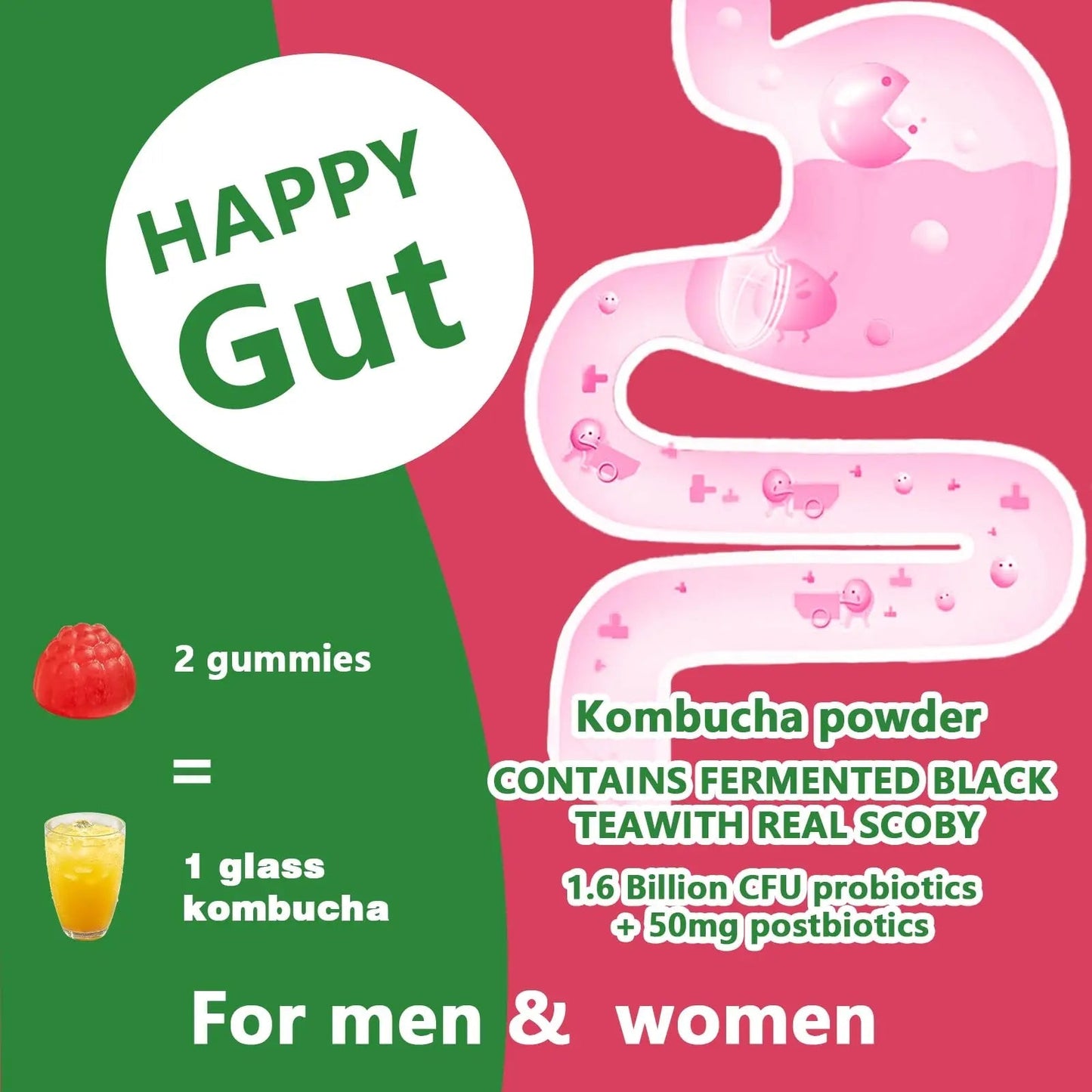 Itiban Probiotic Kombucha Gummy - Prebiotics, Probiotics, Postbiotics, Fiber Supplement, Slippery Elm for Bloating, Gut Health, Women and Men, 60ct - Maple Wellness Supplements