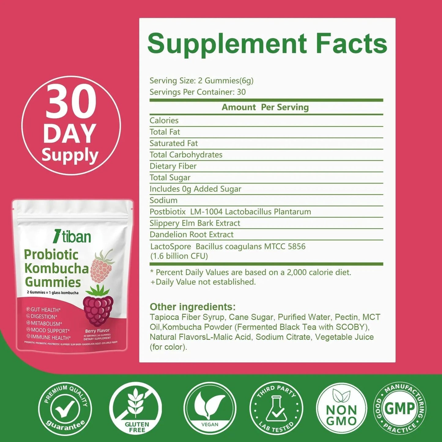 Itiban Probiotic Kombucha Gummy - Prebiotics, Probiotics, Postbiotics, Fiber Supplement, Slippery Elm for Bloating, Gut Health, Women and Men, 60ct - Maple Wellness Supplements