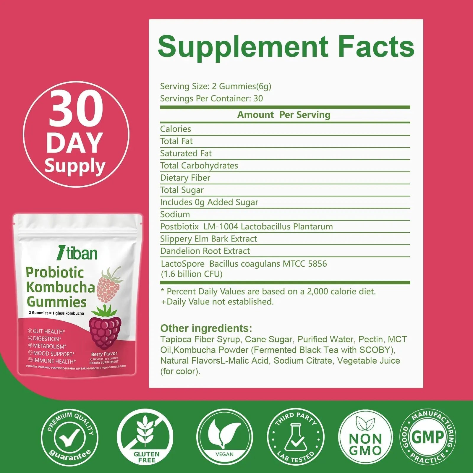 Itiban Probiotic Kombucha Gummy - Prebiotics, Probiotics, Postbiotics, Fiber Supplement, Slippery Elm for Bloating, Gut Health, Women and Men, 60ct - Maple Wellness Supplements