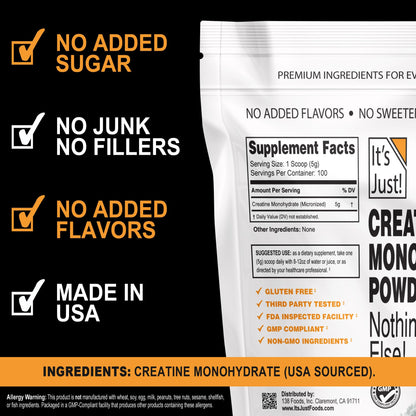 It's Just! - Creatine Monohydrate Powder, Pure Creatine Powder, Made in USA, 3rd Party Lab Tested, 5g Per Serving, Scoop Included, No Fillers, No Added Flavor (Unflavored, 500g / 100 Servings) - Maple Wellness Supplements