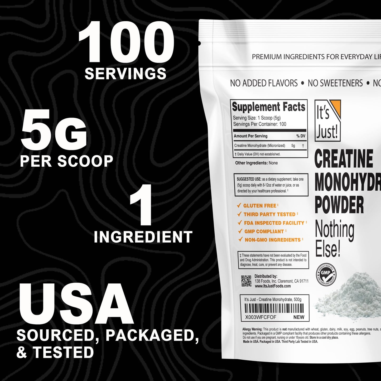 It's Just! - Creatine Monohydrate Powder, Pure Creatine Powder, Made in USA, 3rd Party Lab Tested, 5g Per Serving, Scoop Included, No Fillers, No Added Flavor (Unflavored, 500g / 100 Servings) - Maple Wellness Supplements