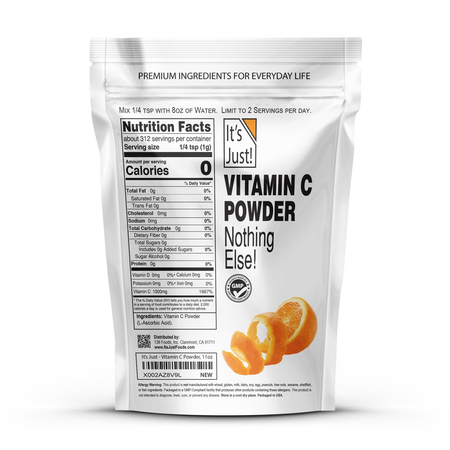 It's Just! - Vitamin C Powder, 100% Pure L-Ascorbic Acid, Food Grade, Immune Support, Homemade Cosmetics (11oz) - Maple Wellness Supplements