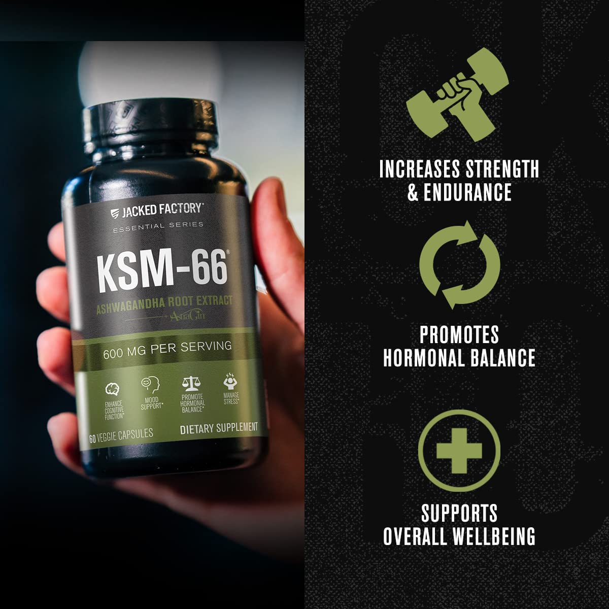 Jacked Factory Ashwagandha Root Extract (KSM-66 Ashwagandha) w/ 5% Withanolides - Supplement for Natural Stress Relief, Cognitive Function, Vitality, and Mood Support - 60 Veggie Capsules - Maple Wellness Supplements