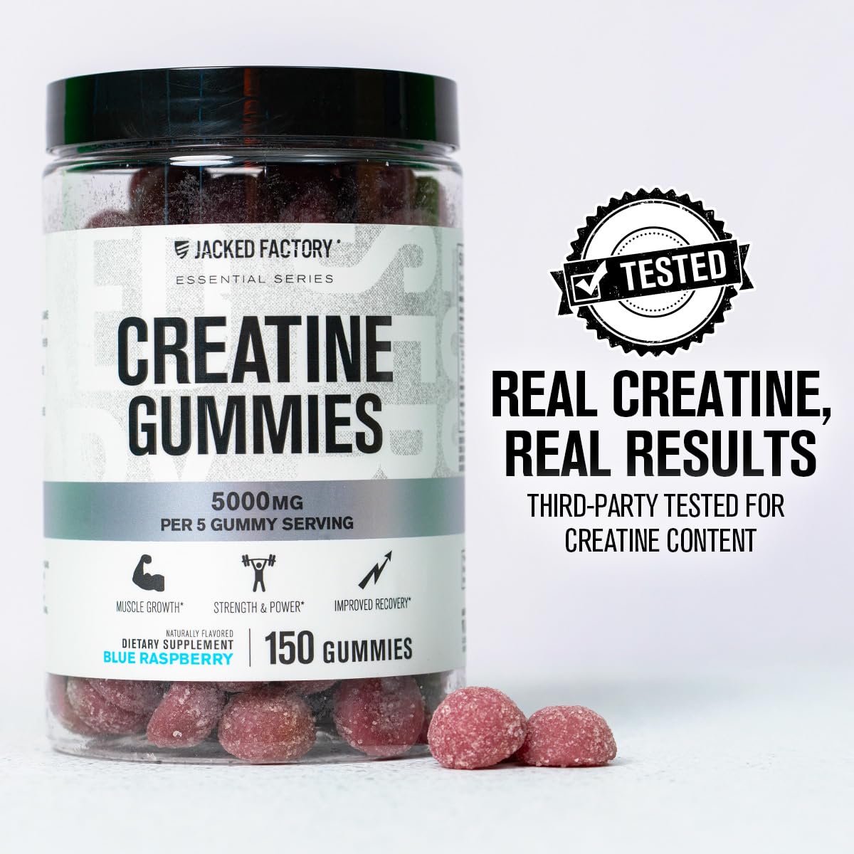 Jacked Factory Creatine Gummies 5g Daily Dose (1g per Gummy) - Creatine Gummy for Men and Women, Vegan-Friendly, Travel-Friendly, Third-Party Tested - 150 Gummies, Blue Raspberry - Maple Wellness Supplements