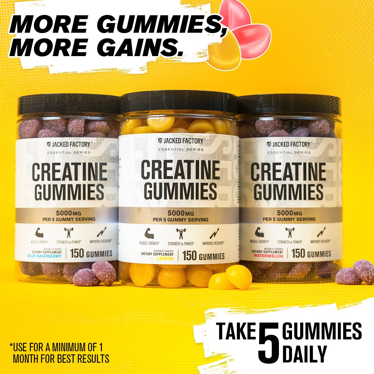 Jacked Factory Creatine Gummies 5g Daily Dose (1g per Gummy) - Creatine Gummy for Men and Women, Vegan-Friendly, Travel-Friendly, Third-Party Tested - 150 Gummies, Blue Raspberry - Maple Wellness Supplements