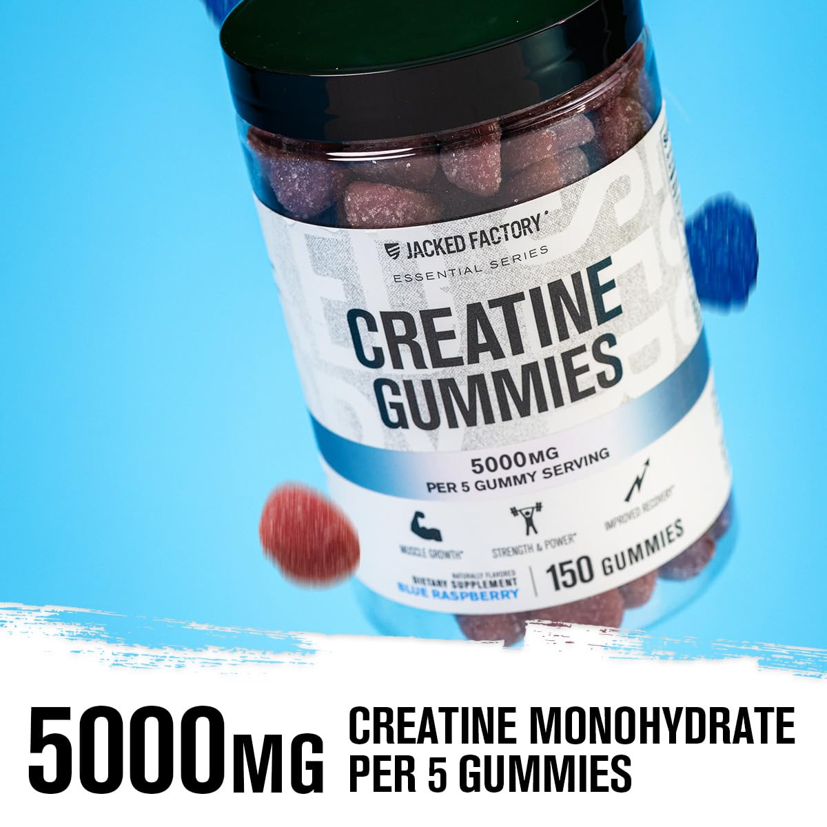 Jacked Factory Creatine Gummies 5g Daily Dose (1g per Gummy) - Creatine Gummy for Men and Women, Vegan-Friendly, Travel-Friendly, Third-Party Tested - 150 Gummies, Blue Raspberry - Maple Wellness Supplements