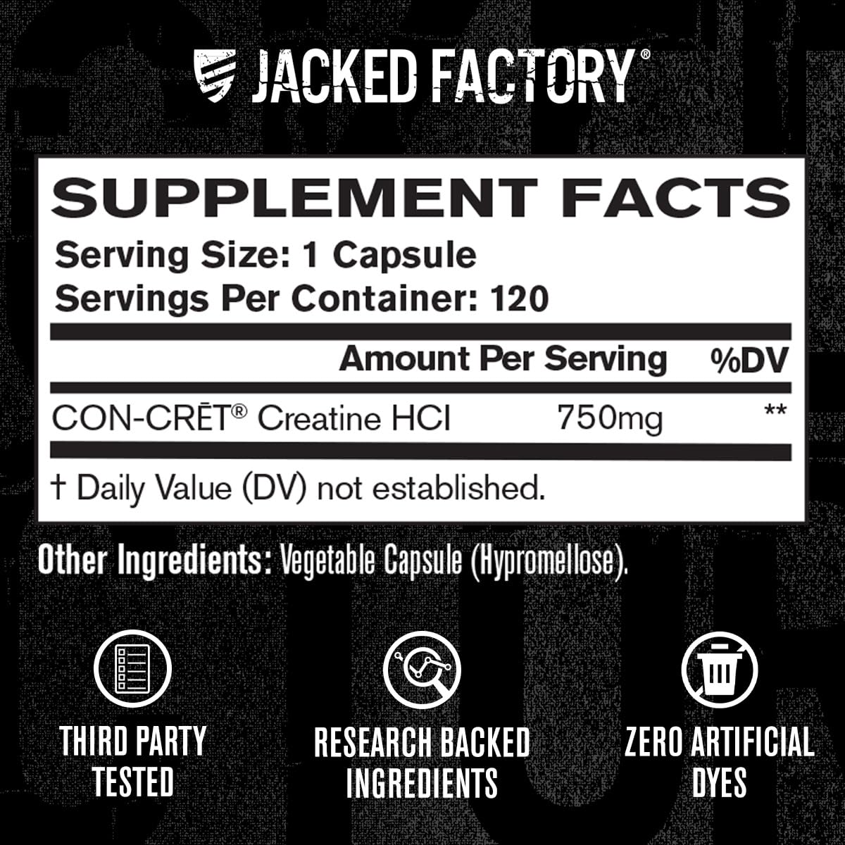 Jacked Factory Creatine HCl Capsules - CON CRET Creatine Pills 750mg - Lean Muscle Growth & Recovery, Boost Strength & Endurance, No Bloating or Cramps - 120 Capsules - Maple Wellness Supplements