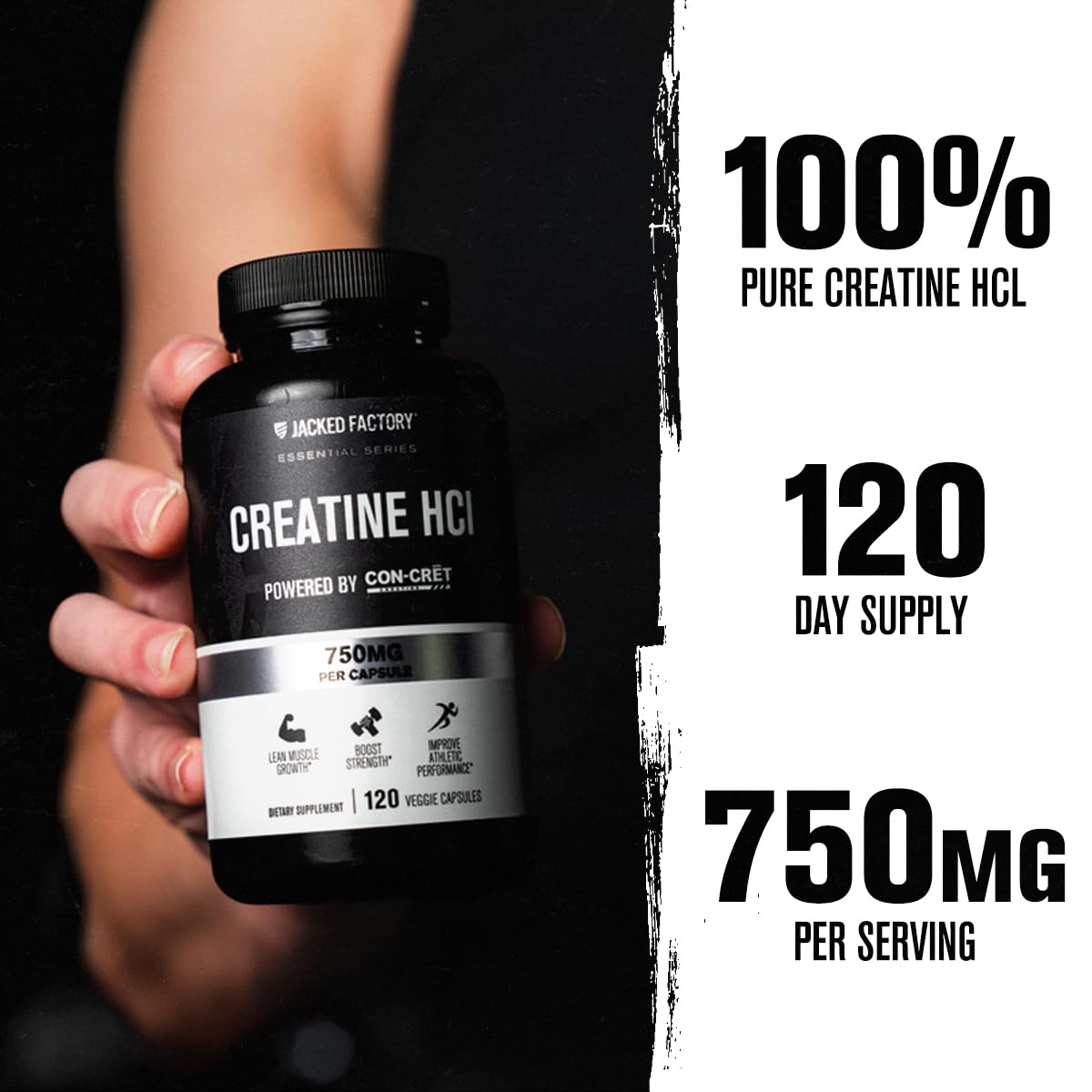 Jacked Factory Creatine HCl Capsules - CON CRET Creatine Pills 750mg - Lean Muscle Growth & Recovery, Boost Strength & Endurance, No Bloating or Cramps - 120 Capsules - Maple Wellness Supplements