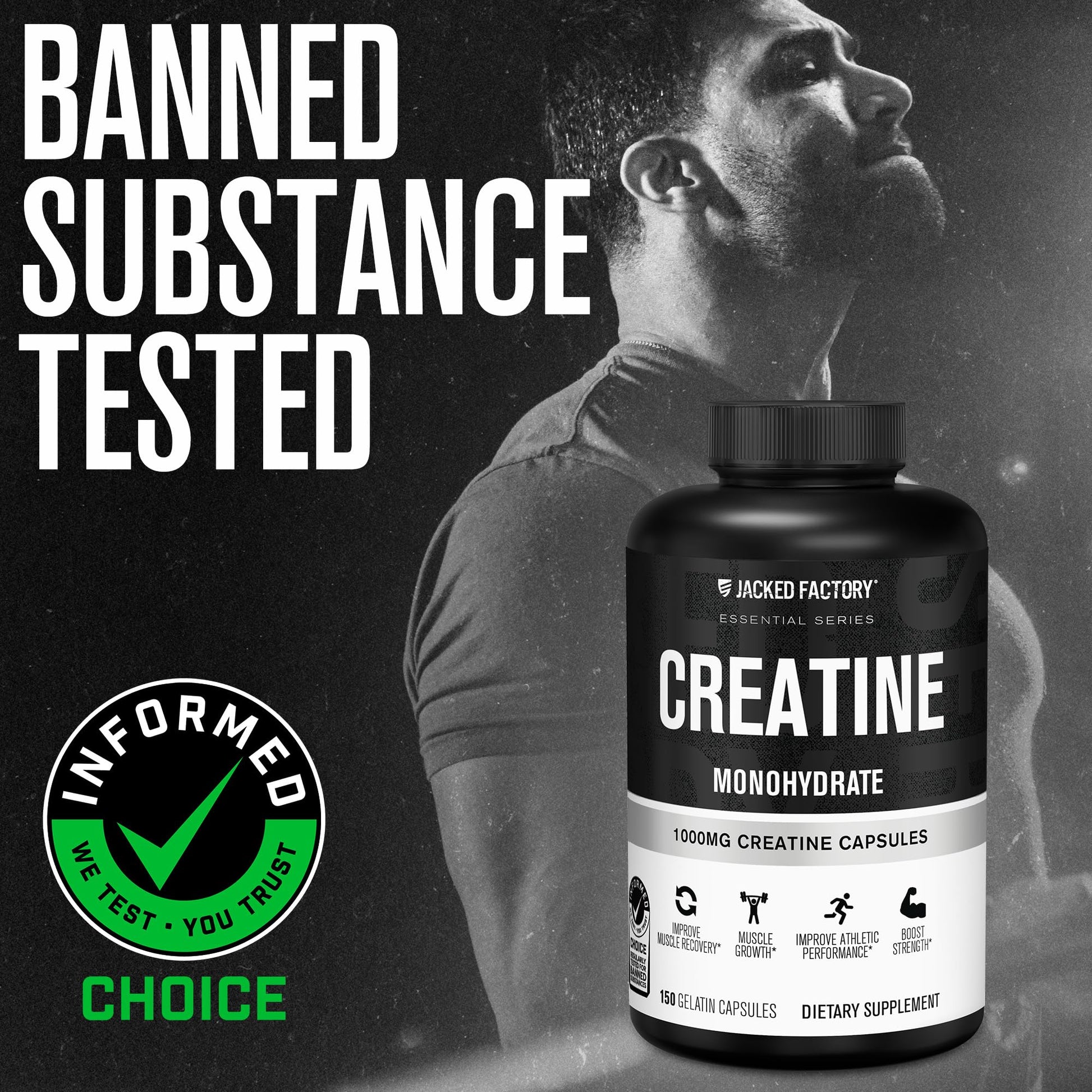 Jacked Factory Creatine Monohydrate Capsules - Creatine Pills for Muscle Growth, Increased Strength, Enhanced Energy Output and Improved Athletic Performance - 150 Capsules - Maple Wellness Supplements