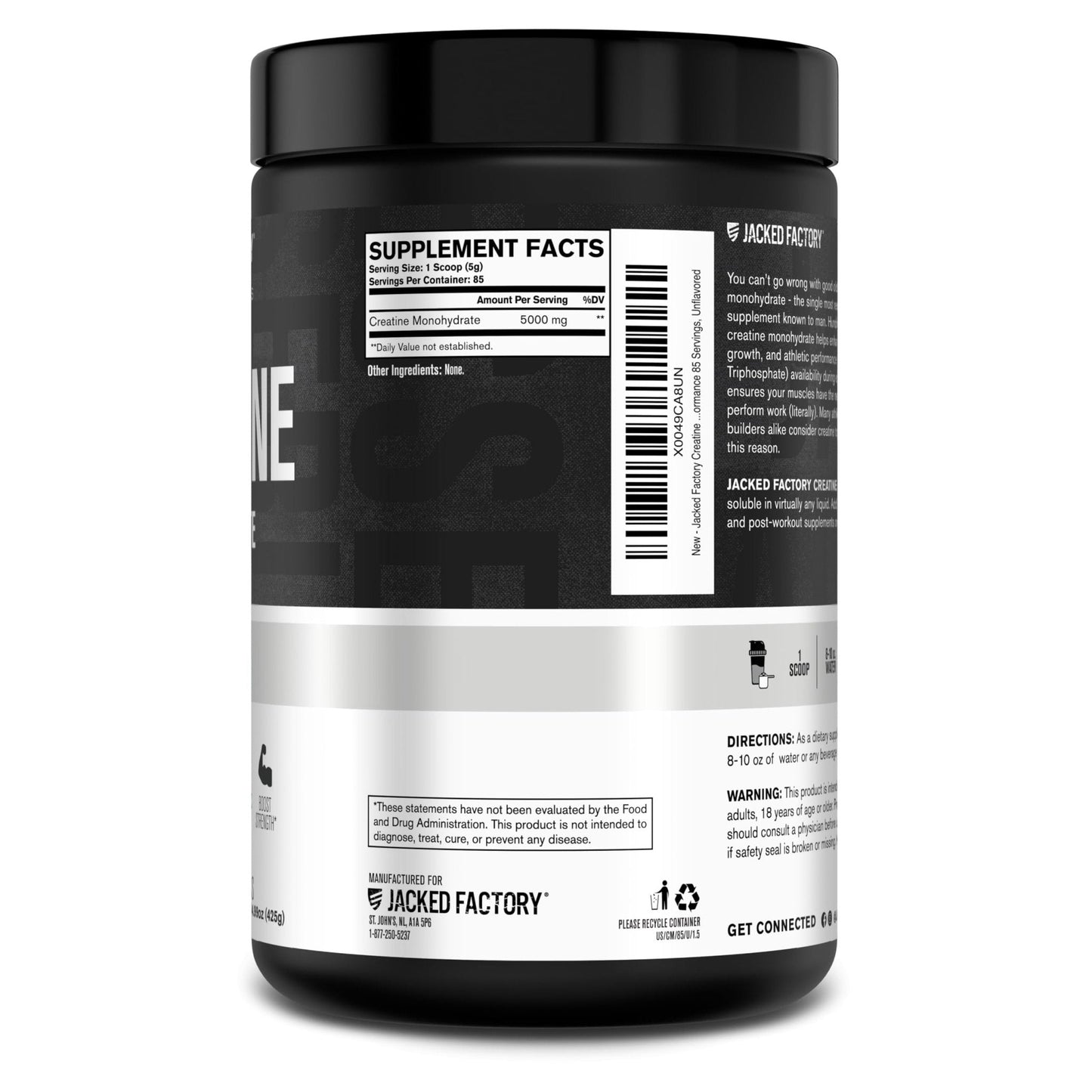 Jacked Factory Creatine Monohydrate Powder 425g - 5g Daily Creatine Supplement for Men and Women, Vegan-Friendly - Maple Wellness Supplements