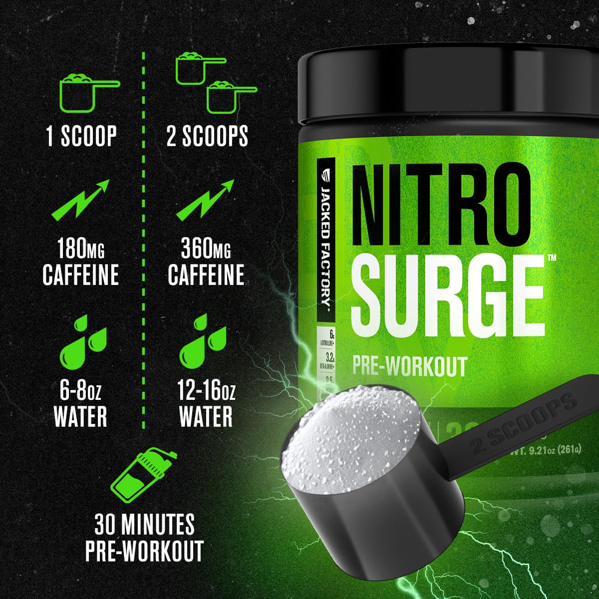 Jacked Factory NITROSURGE Pre Workout Supplement - Endless Energy, Instant Strength Gains, Clear Focus, Intense Pumps - NO Booster & Preworkout Powder with Beta Alanine - Maple Wellness Supplements
