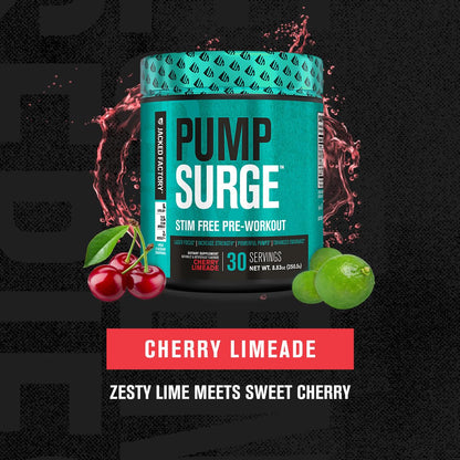 Jacked Factory Pumpsurge Caffeine Free Pre Workout for Men & Women - Booster & Stim Free Pre Workout - Intense Pumps, Enhanced Focus - 30 Servings, Cherry Limeade 8.83oz - Maple Wellness Supplements