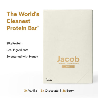 Jacob Bar, Protein Bars, Variety Pack (9 Bars Total) Contains 3 of Each; Chocolate, Vanilla, Berry - 20g Grass-Fed Protein, No Seed Oils, Nothing Artificial - Maple Wellness Supplements