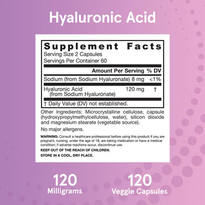 Jarrow Formulas® Hyaluronic Acid 120 mg, Dietary Supplement, Skin Health Support, 120 Veggie Capsules, Up to 60 Day Supply - Maple Wellness Supplements