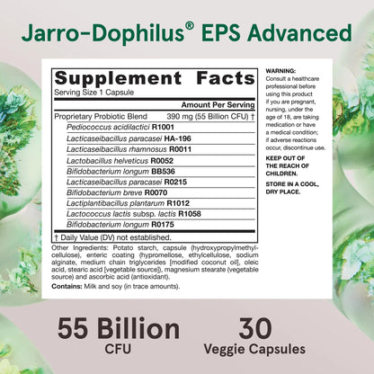Jarrow Formulas Jarro-Dophilus EPS Advanced, 55 Billion CFU Probiotics, Digestive Support for Adults, 30 Probiotic Supplement Veggie Capsules, Up to 30 Day Supply - Maple Wellness Supplements