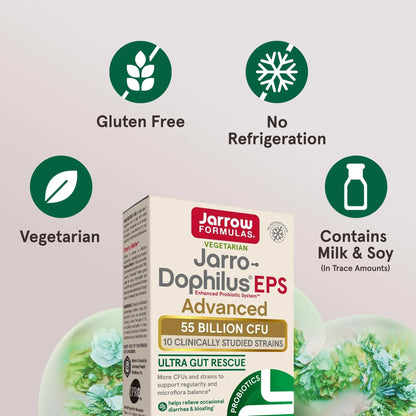 Jarrow Formulas Jarro-Dophilus EPS Advanced, 55 Billion CFU Probiotics, Digestive Support for Adults, 30 Probiotic Supplement Veggie Capsules, Up to 30 Day Supply - Maple Wellness Supplements