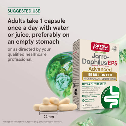 Jarrow Formulas Jarro-Dophilus EPS Advanced, 55 Billion CFU Probiotics, Digestive Support for Adults, 30 Probiotic Supplement Veggie Capsules, Up to 30 Day Supply - Maple Wellness Supplements