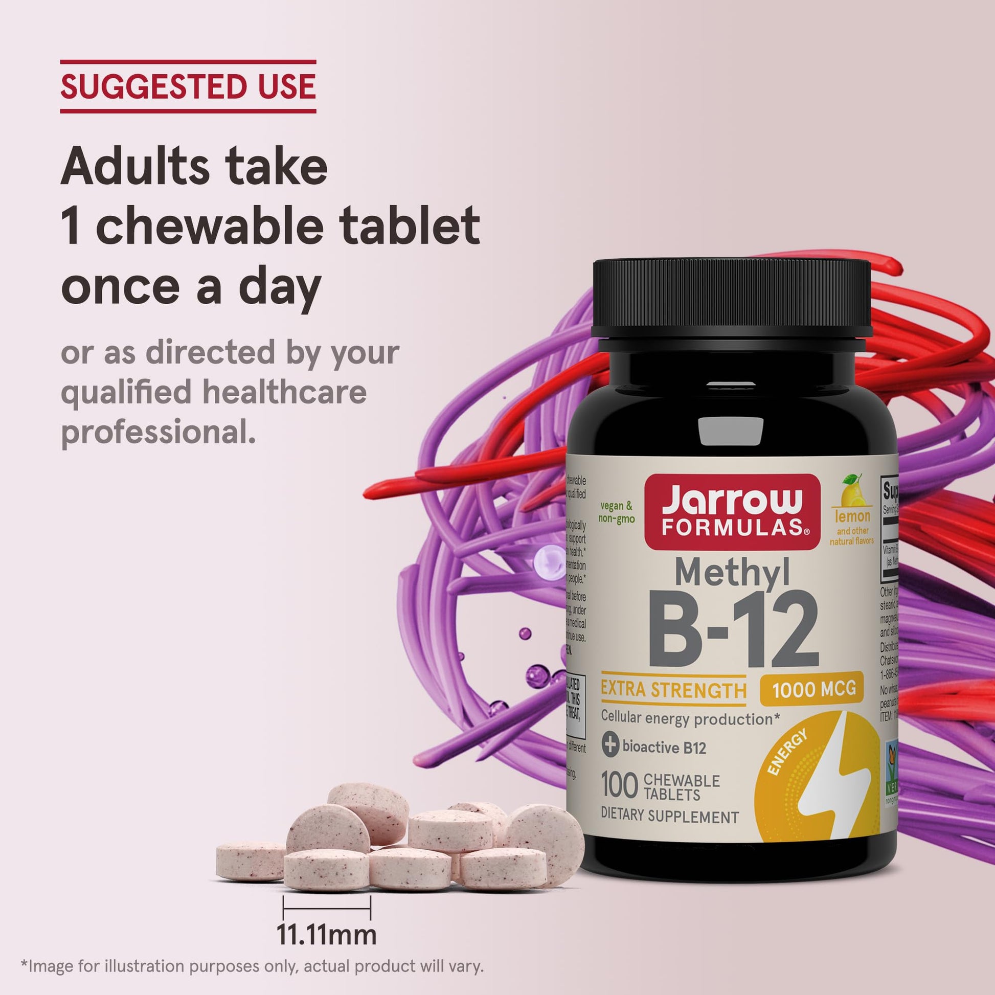 Jarrow Formulas Methyl Vitamin B-12 1000 mcg, 100 Chewable Tablets, Lemon Flavored- Bioactive B12 Vitamin - Supports Cellular Energy Production - Maple Wellness Supplements