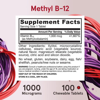 Jarrow Formulas Methyl Vitamin B-12 1000 mcg, 100 Chewable Tablets, Lemon Flavored- Bioactive B12 Vitamin - Supports Cellular Energy Production - Maple Wellness Supplements