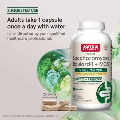 Jarrow Formulas Saccharomyces Boulardii + MOS Probiotics for Digestive Health and Intestinal Tract Support - 5 Billion CFU Per Serving - 90 Delayed Release Caps - Maple Wellness Supplements